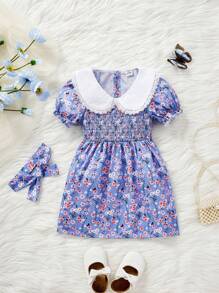 Vestido de punto con estampado floral elegante para bebé niña con diadema - Multicolor - Ver 1