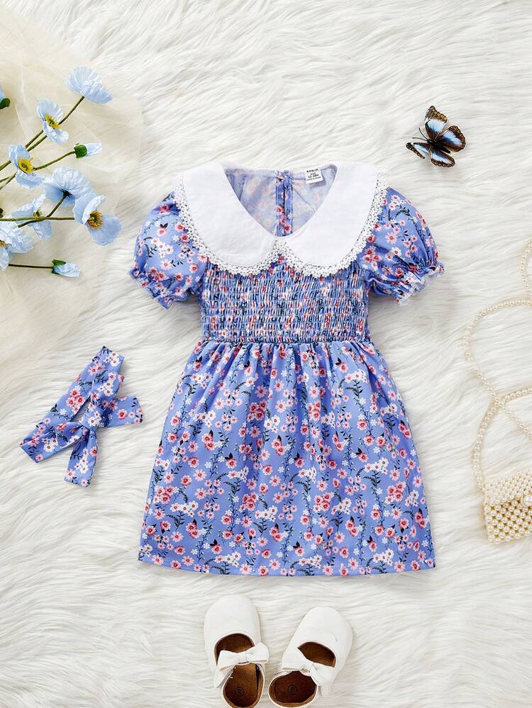 Baby Girl Elegant Floral Print Cable Knit Dress With Headband