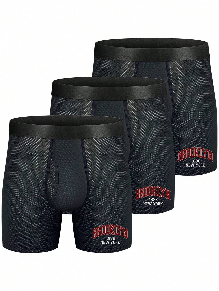 Men's Letter Print Mesh Boxer Briefs ,3 Pcs - Black - View 1