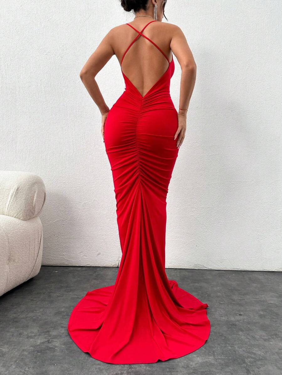 EURMUSE Women's 3d Flower Decor High Front Slit Backless Spaghetti Strap Dress - Red - View 1