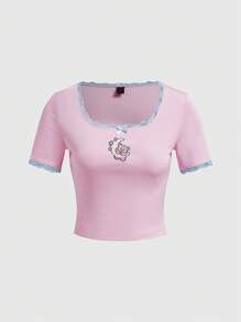 ROMWE Kawaii Camiseta Con Ribete De Encaje Y Bordado De Dibujos Animados Para Mujer - Rosa - Ver 1