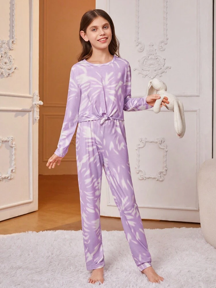 Tween Girls' Tie-Dye Pants And Long Sleeve Casual Fashionable Homewear 2pcs/Set