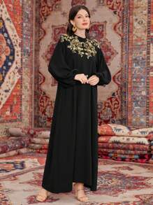 Al Najma Embroidered Lantern Sleeve Dress With Patchwork - Black - View 4
