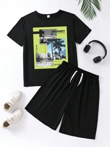 Camiseta De Manga Corta Con Estampado De Árboles De Palmera De Coco Y Pantalones Cortos Para Vacaciones - Negro - Ver 1