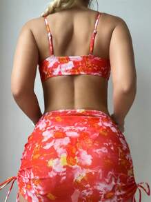 SHEIN Swim Twist Detail Random Printed Bikini Set With Swim Cover Up Skirt Valentine, For Summer Beach Vacation - Red - View 2