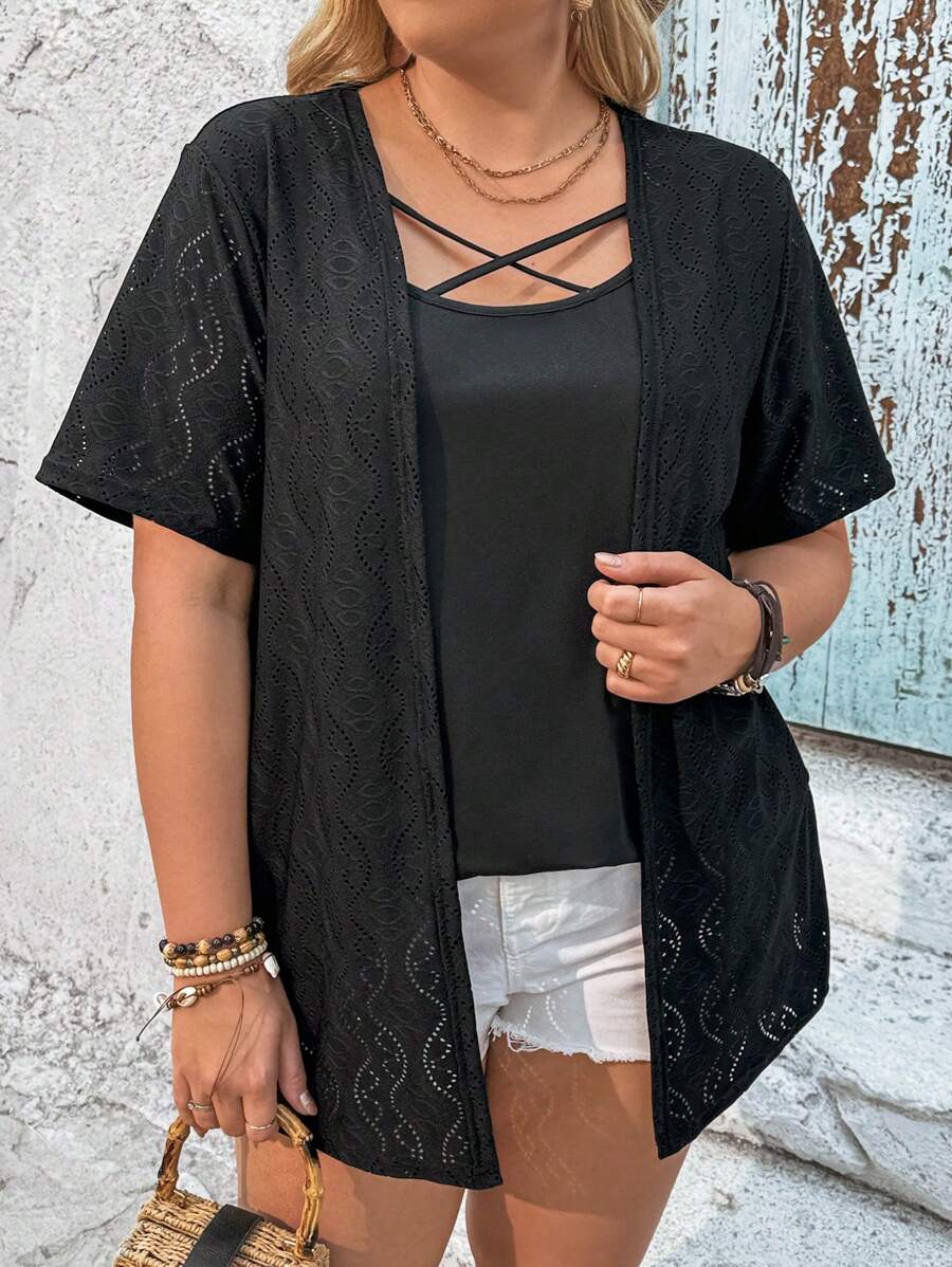 EMERY ROSE Plus Size Women's Embroidery Patchwork Cross V-Neck T-Shirt