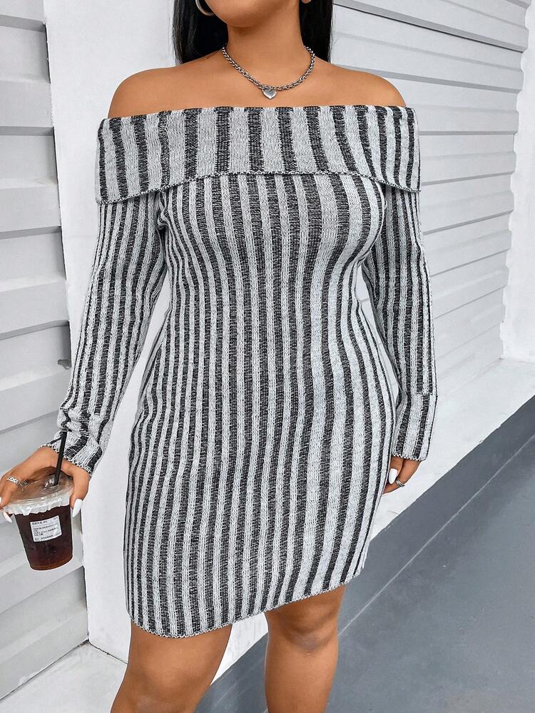 Plus Size Women's Off-Shoulder Long Sleeve Sweater Dress
