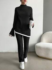 RueChic Women's Colorblocked Long Sleeve Top With Side Slit Hem And Pants Set With Trim Detail - Black - View 5