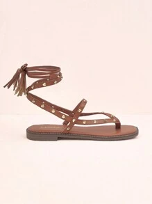 Styleloop Ladies' Fashionable Spike Detail Comfortable Flat Sandals - Brown - View 5