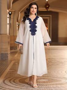 Al Najma Plus Size Lace Patchwork High-Low Hemline Notched Collar Dress, Modest Kaftan - White - View 3