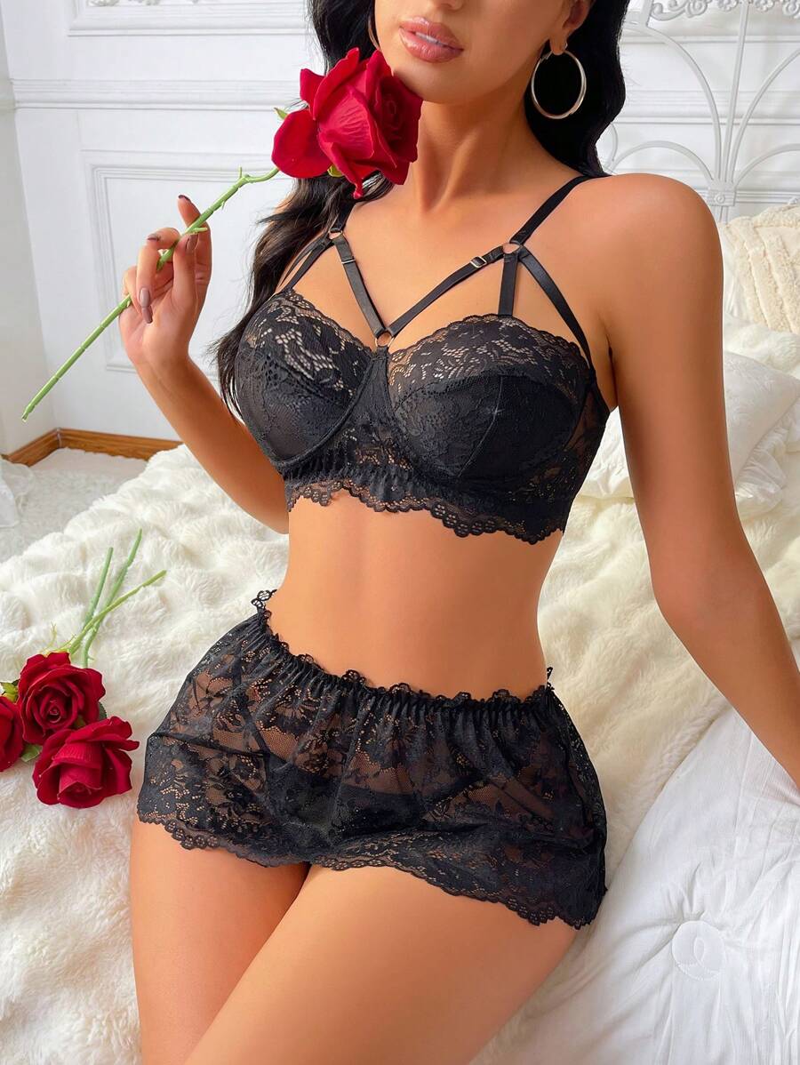 3pcs/Set Ladies' Sexy Lace Lingerie Set - Black - View 1