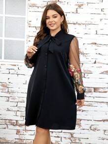 SHEIN Clasi 大碼女士繡花網眼長袖膝裙 - 黑色 - 查看 5