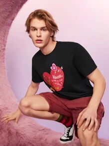 SCOOBY-DOO X SHEIN 男士卡通狗和心形印花t恤 - 黑色 - 查看 3