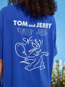 TOM & JERRY X SHEIN 夏季輕鬆卡通和標語印花下肩鬆身T恤 - 寶藍色 - 查看 5