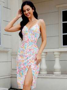 女士夏季花卉印花分裂下擺背心裙 - 粉色 - 查看 1