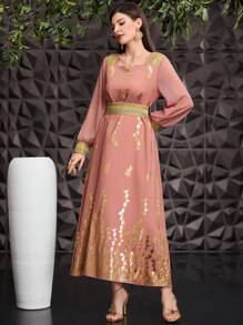 Al Najma Quý cô Vàng Hoa Cổ vuông Đầm - Hồng - Xem 7