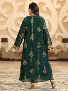 Layrah 大码女士阿拉伯服装，带金箔花卉图案 Kaftan Jalabiya 阿拉伯连衣裙，优雅奢华晚会风格 - 墨綠色 - 查看 2