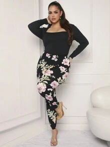 SHEIN Essnce Plus Size3pcs Back Gathered  Allover Print High Waist Leggings - Multicolor - View 8