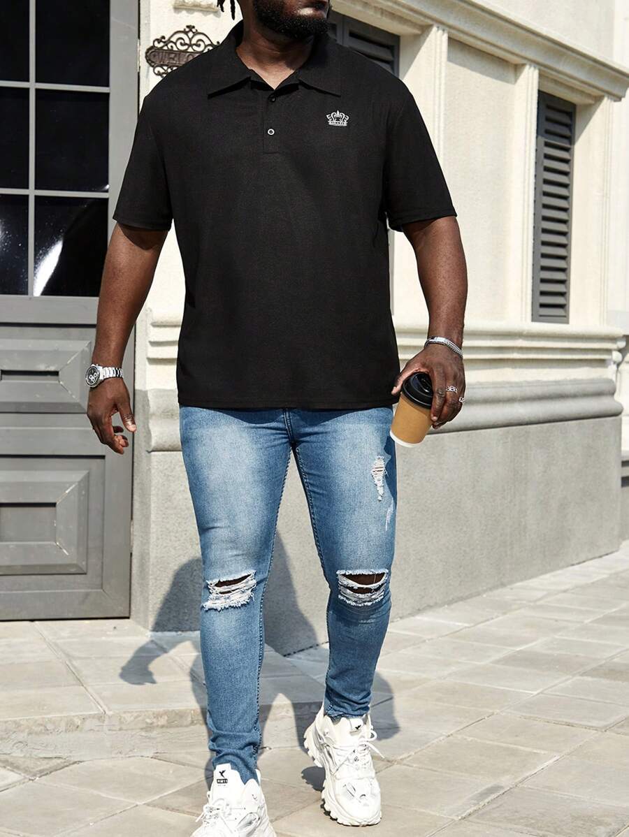 Manfinity Homme 男士加大尺寸印花短袖polo恤 - 黑色 - 查看 1