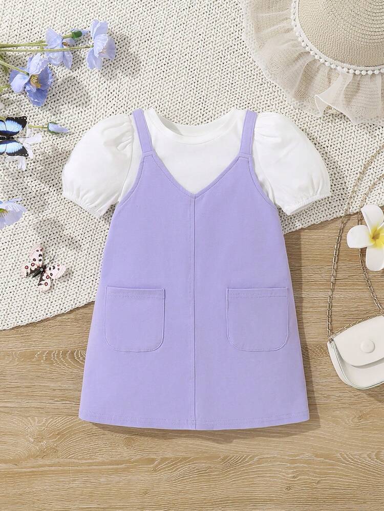 Baby Girl Casual Knit Solid Color Bubble Sleeve Top And Purple Strap Dress Set