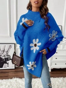 SHEIN LUNE Women's Asymmetrical Hem Floral Pattern Sweater