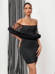 Allurite Robe Épaules Dénudées Pour Femmes Avec Panneau Transparent Et Détails De Pliage, Coupe Slim