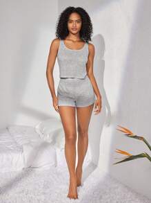 Ocili 女性實色肋紋針織背心和短褲休閒套裝 - 灰色 - 查看 6