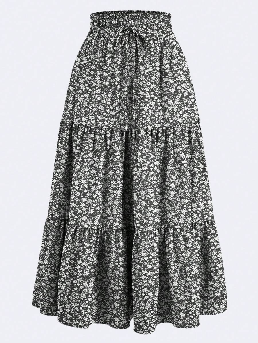 Ditsy Floral Layered Ruffle Elastic Waist Vacation Skirt - Black and White - View 1