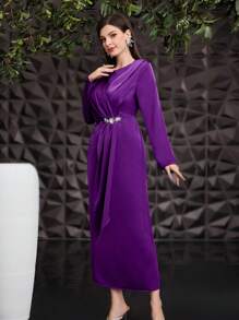Modelyn 女式不對稱長袖束帶阿拉伯風格連身裙 - 紫色 - 查看 6