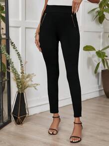 SHEIN Clasi 女性實色拉鍊口袋緊身褲 - 黑色 - 查看 3
