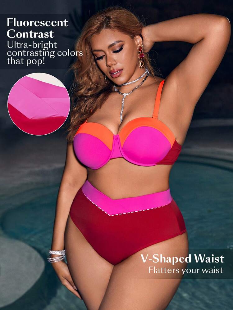 SHEIN Swim Curve Plus Size Women's Color Block Bikini Set Music Festival Summer Beach - Multicolor - View 3