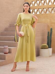Modelyn Knotted Split Sleeve A-line Dress - Yellow - View 4