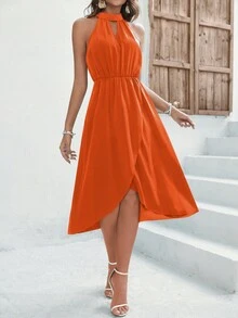 SHEIN Frenchy Women's Asymmetrical Hem Halter Neck Cut Out Dress - Orange - View 5