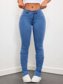 SHEIN ICON Women's Low-Waisted Stonewashed Ruffled Denim Jeans - Medium Wash - View 3