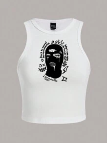 Slaydiva Casual Minimalist Face Mask Design Round Neck Fitted Tank Top For Women, Summer Back To School - White - View 2