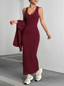 SHEIN Unity Solid Color Long Sleeve Hoodie And Sleeveless Dress Set - Burgundy - View 3
