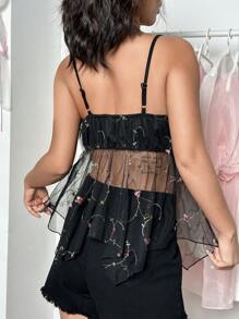 Lunelith SHEIN Lunessa Top Estilo Camisola De Malla Bordada Con Encaje Para Mujer