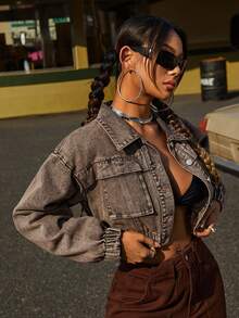 SHEIN ICON Women's Vintage Drop Shoulder Cropped Denim Jacket - Brown - View 3