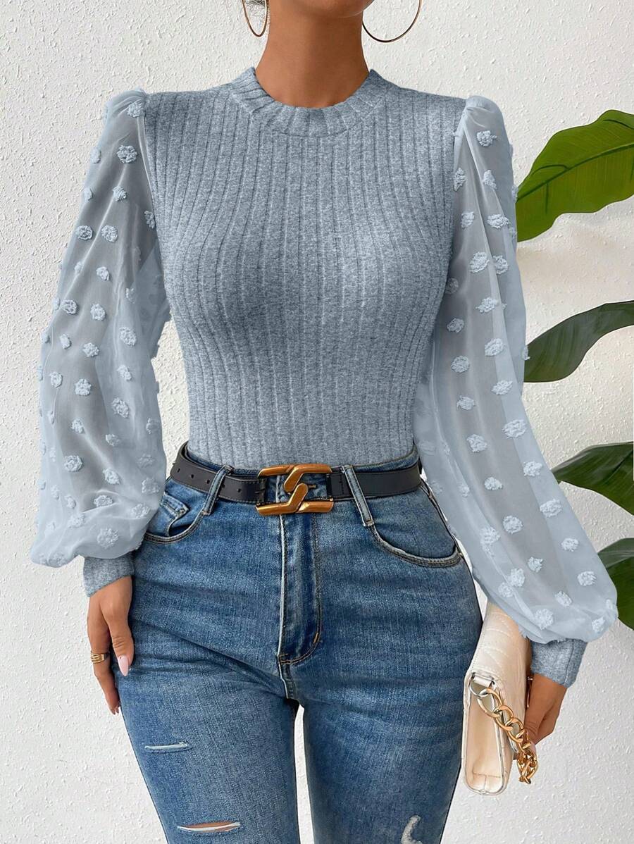 SHEIN Essnce 女士瑞士蕾絲拼接燈籠袖上衣 - 藍色 - 查看 1