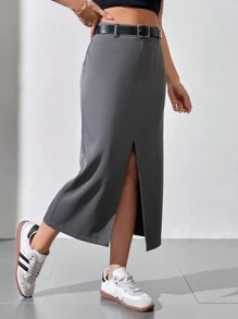 SHEIN Essnce Women's Solid Color Side Slit Skirt Without Belt - Multicolor - View 3