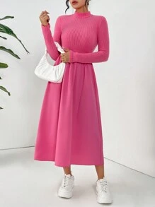 SHEIN Essnce Women's Casual Solid Color Stand Collar Dress - Hot Pink - View 5