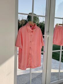Comfortcana Solid Color Drop Shoulder Blouse And Shorts Set - Pink - View 4