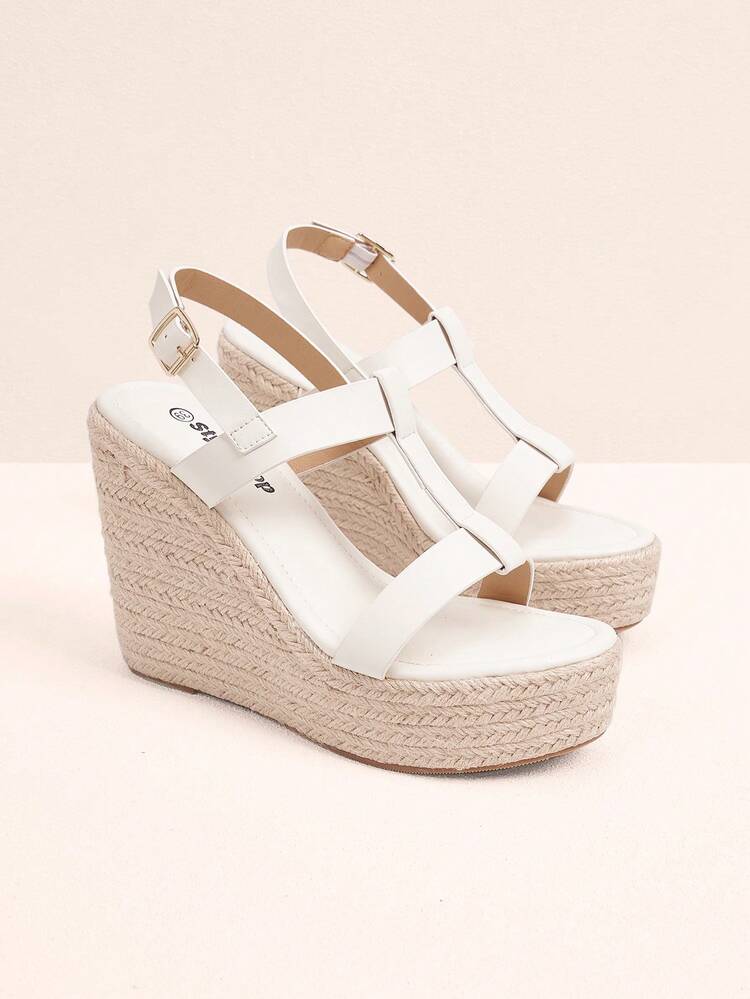 Women's Fashion Resort Style Simple Striped Spring And Summer Bohemian White Wedge Thick Sole Jute Rope Sandals