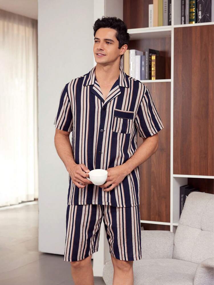 Men's Striped Short Sleeve Shirt And Shorts Set For Home Wear