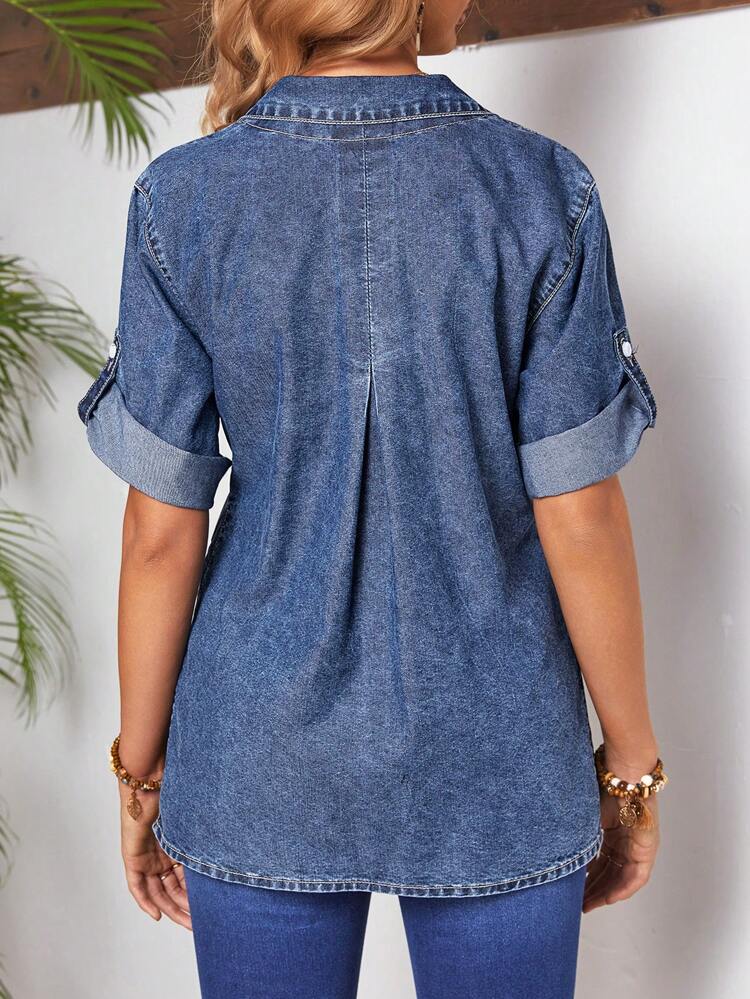 Women's Denim Shirt With Rolled-Up Sleeves