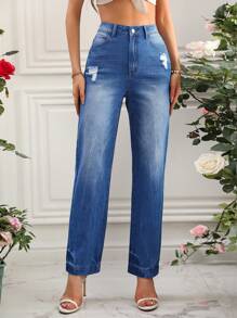 SHEIN Privé 女性破洞直筒牛仔褲 - 藍色 - 查看 4