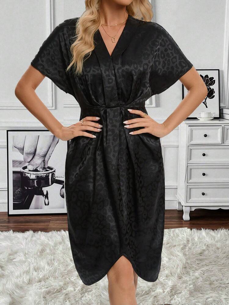 Batwing Sleeve Leopard Jacquard Satin Dress