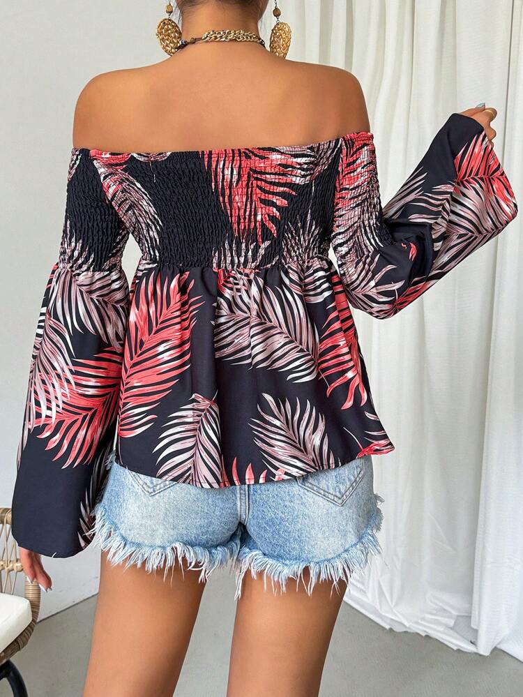 Off Shoulder Vacation Style Shirred Blouse Fall Cloth For Women