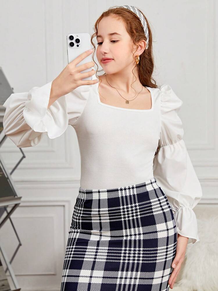 Teen Girl's Elegant Puff Sleeve Blouse With Plaid Print Skirt Set