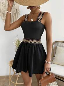 SHEIN Unity 女性幾何紋織花彈性腰帶拼接連體褲 - 黑色 - 查看 6